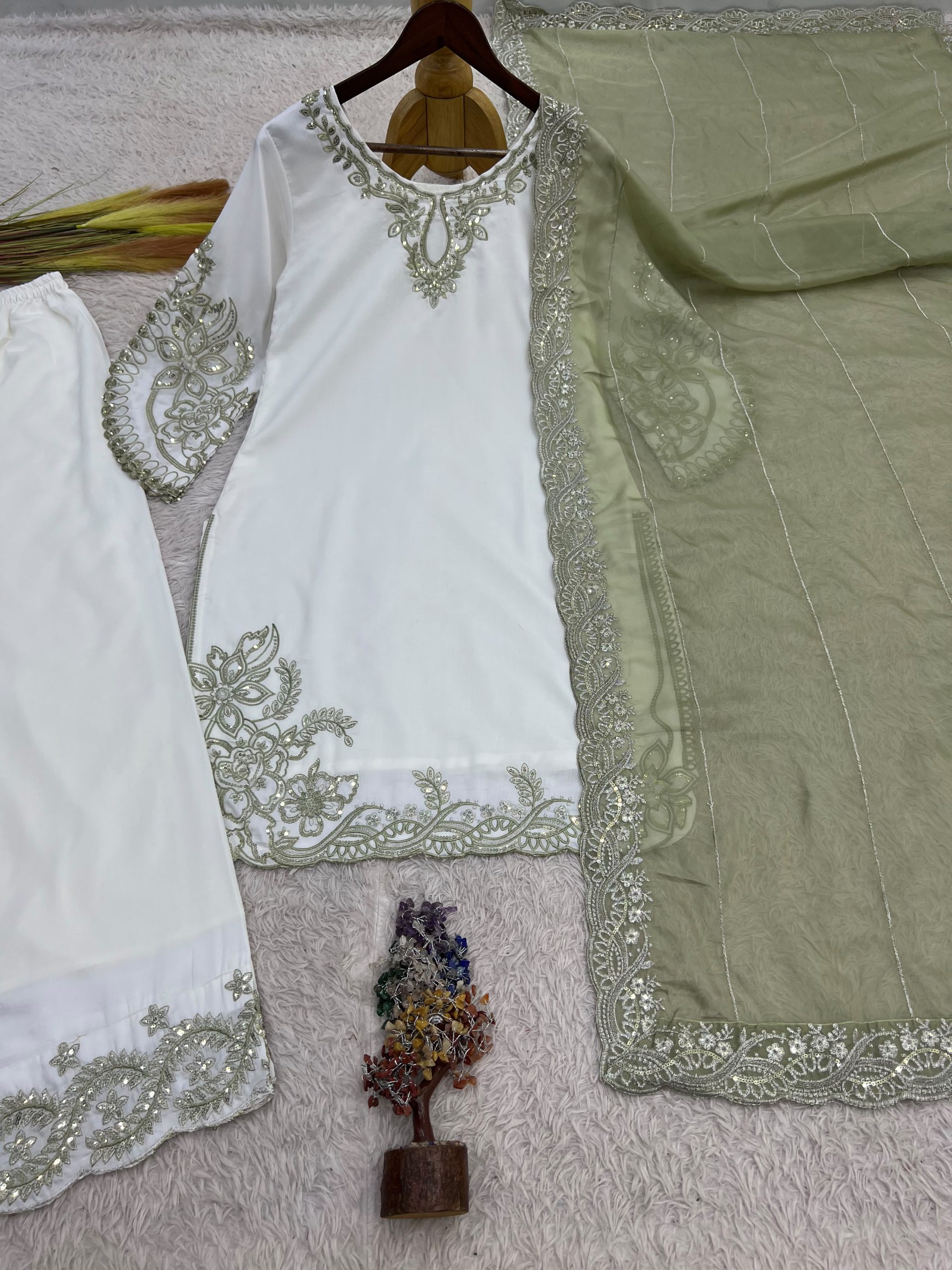 Pakistani Fancy Embroidered Maska Cotton Plazzo Suit Set with Dupatta - Image 5