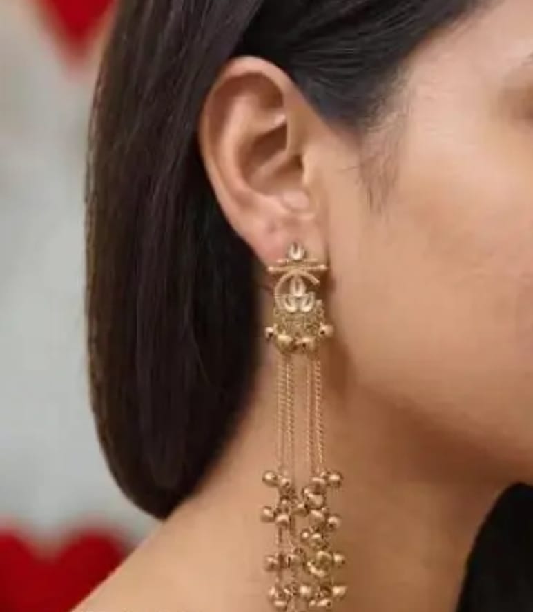Gold Plated Designer Long Chain Drop Earrings - Image 2