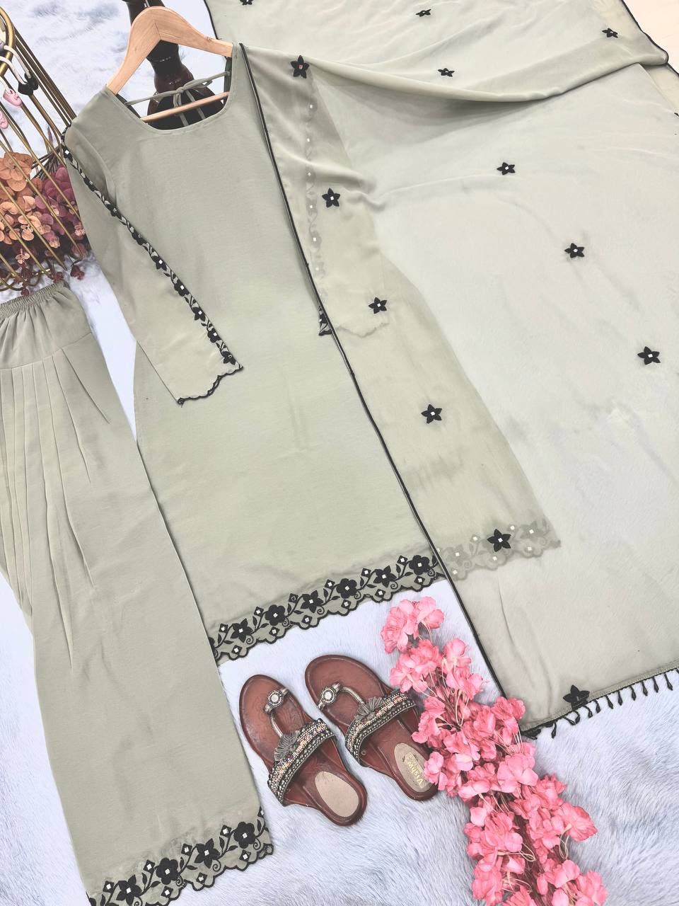 Designer Party Wear Embroidered Top with Farshi Palazzo & Dupatta Set - Image 3