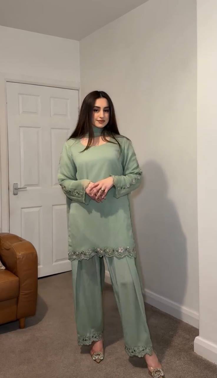 Designer Party Wear Embroidered Top with Farshi Palazzo & Dupatta Set - Image 2