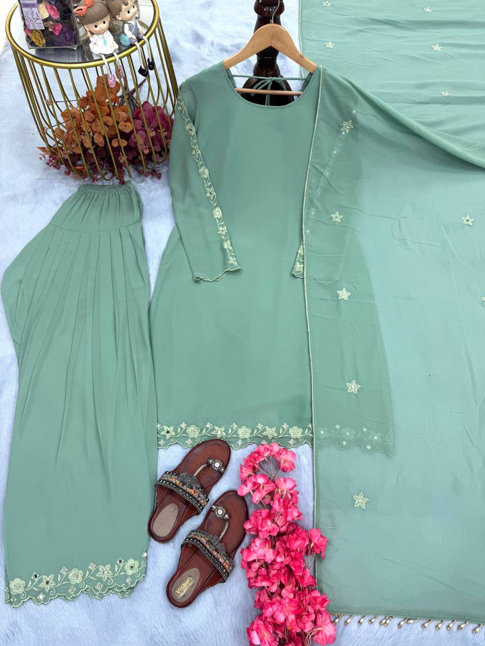 Designer Party Wear Embroidered Top with Farshi Palazzo & Dupatta Set - Image 4
