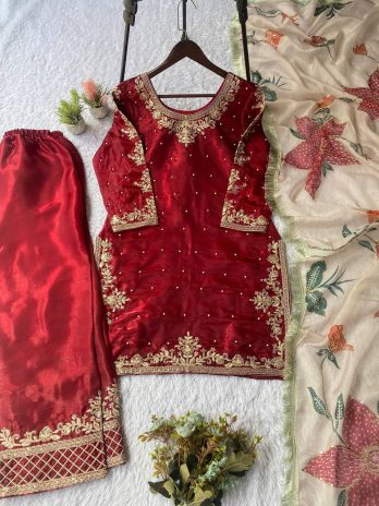 Eid Special Embroidered GMY Silk Top Palazzo & Organza Dupatta Set