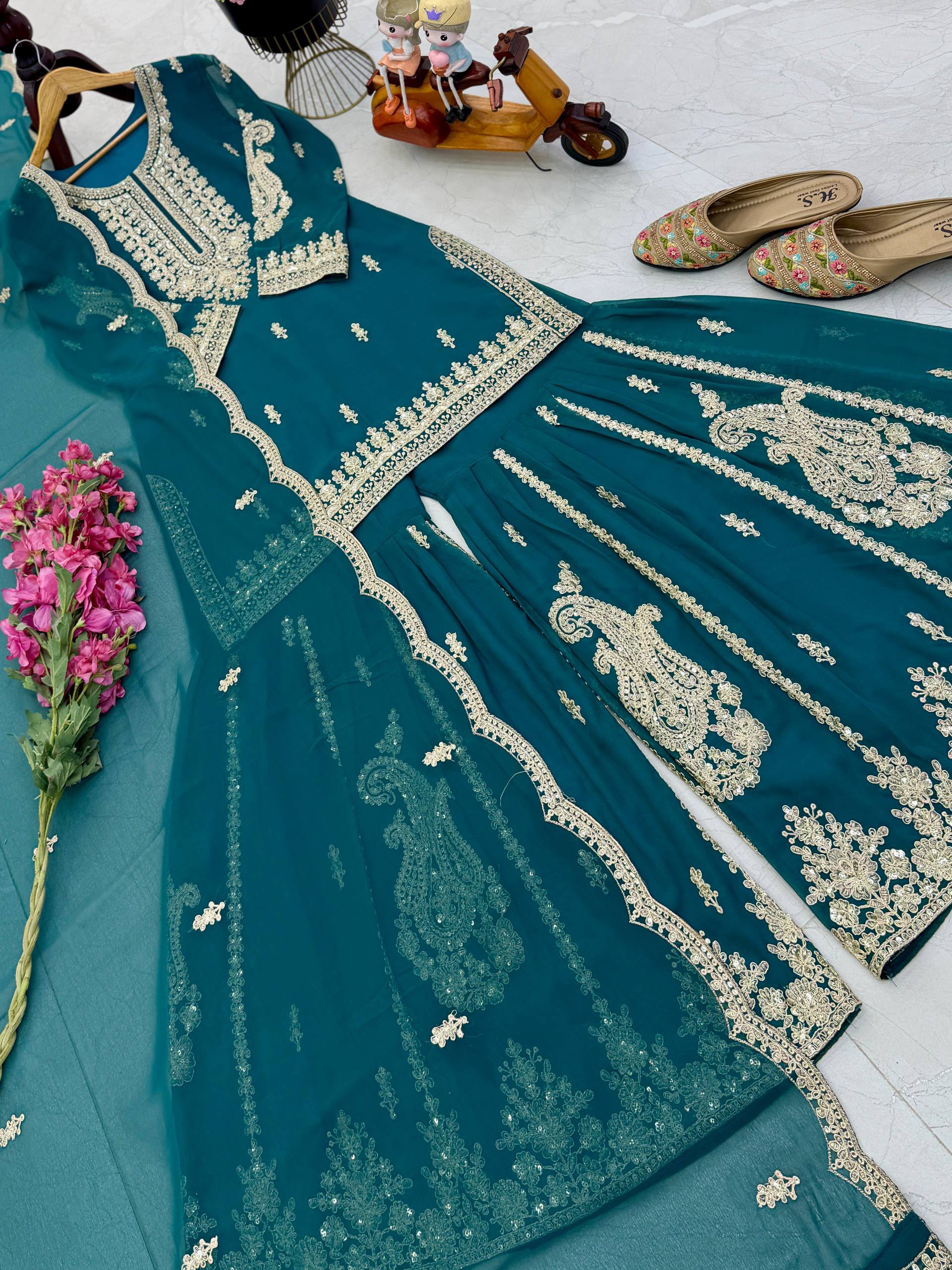 Designer Party Wear Sharara Suit with Embroidered Dupatta - Image 5