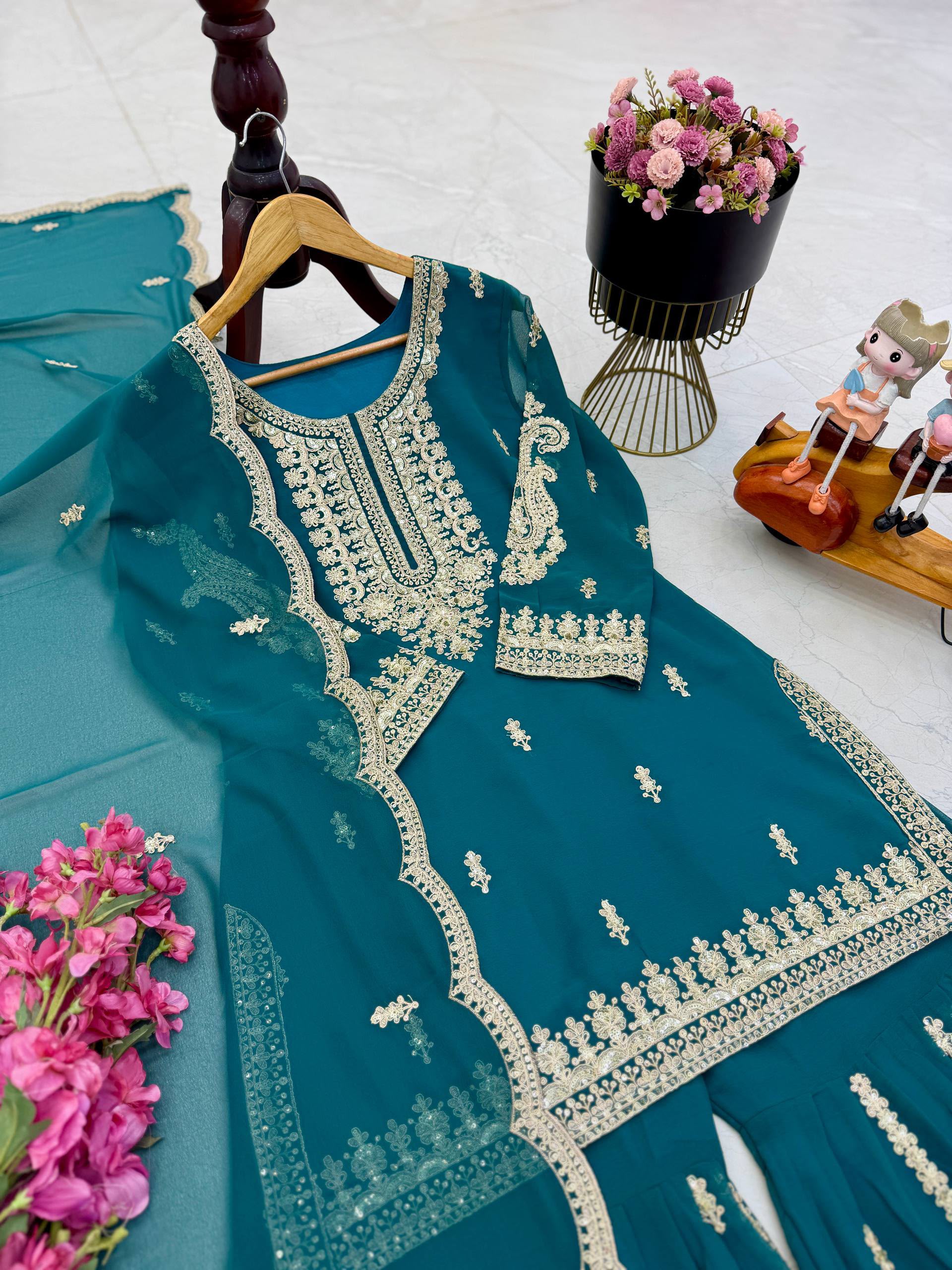 Designer Party Wear Sharara Suit with Embroidered Dupatta - Image 4