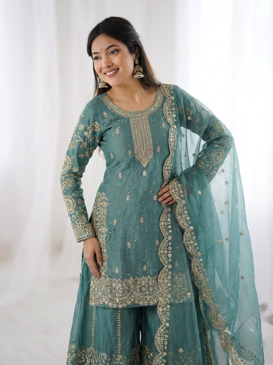 Embroidered Fendy Silk Palazzo Suit Set for Women - Image 5