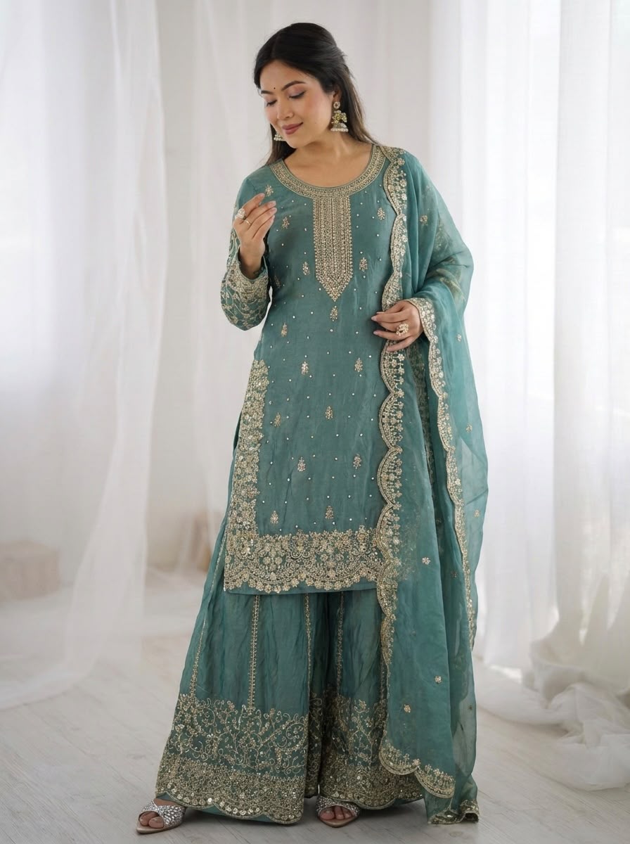 Embroidered Fendy Silk Palazzo Suit Set for Women - Image 2