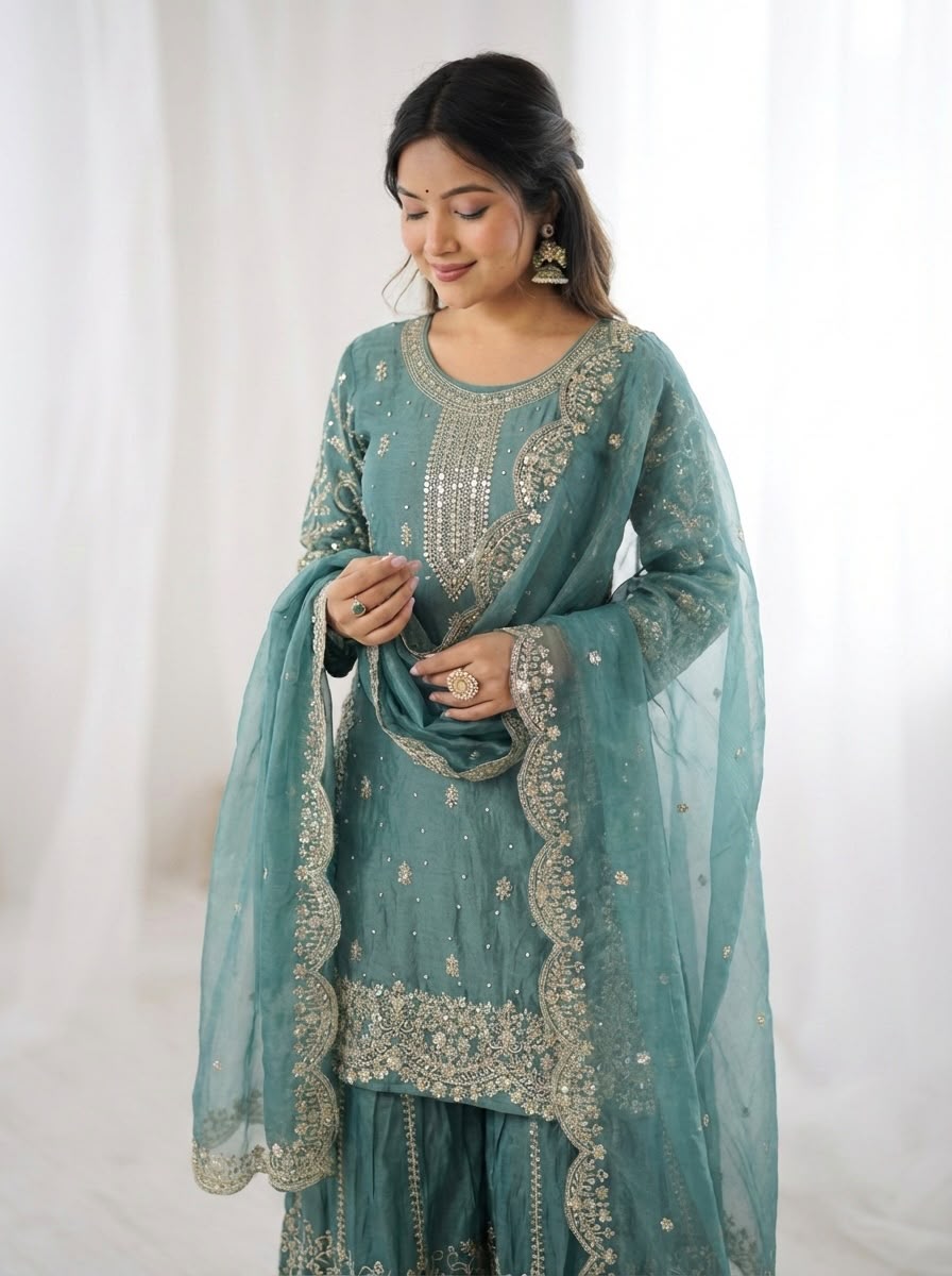 Embroidered Fendy Silk Palazzo Suit Set for Women - Image 4