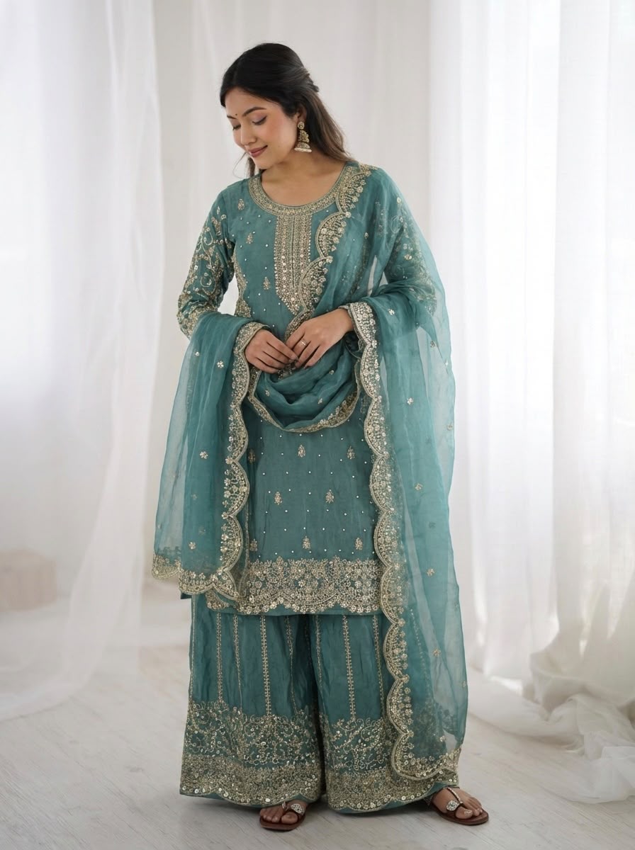 Embroidered Fendy Silk Palazzo Suit Set for Women