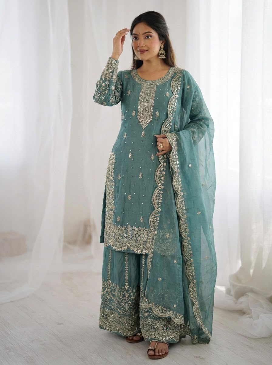 Embroidered Fendy Silk Palazzo Suit Set for Women - Image 11