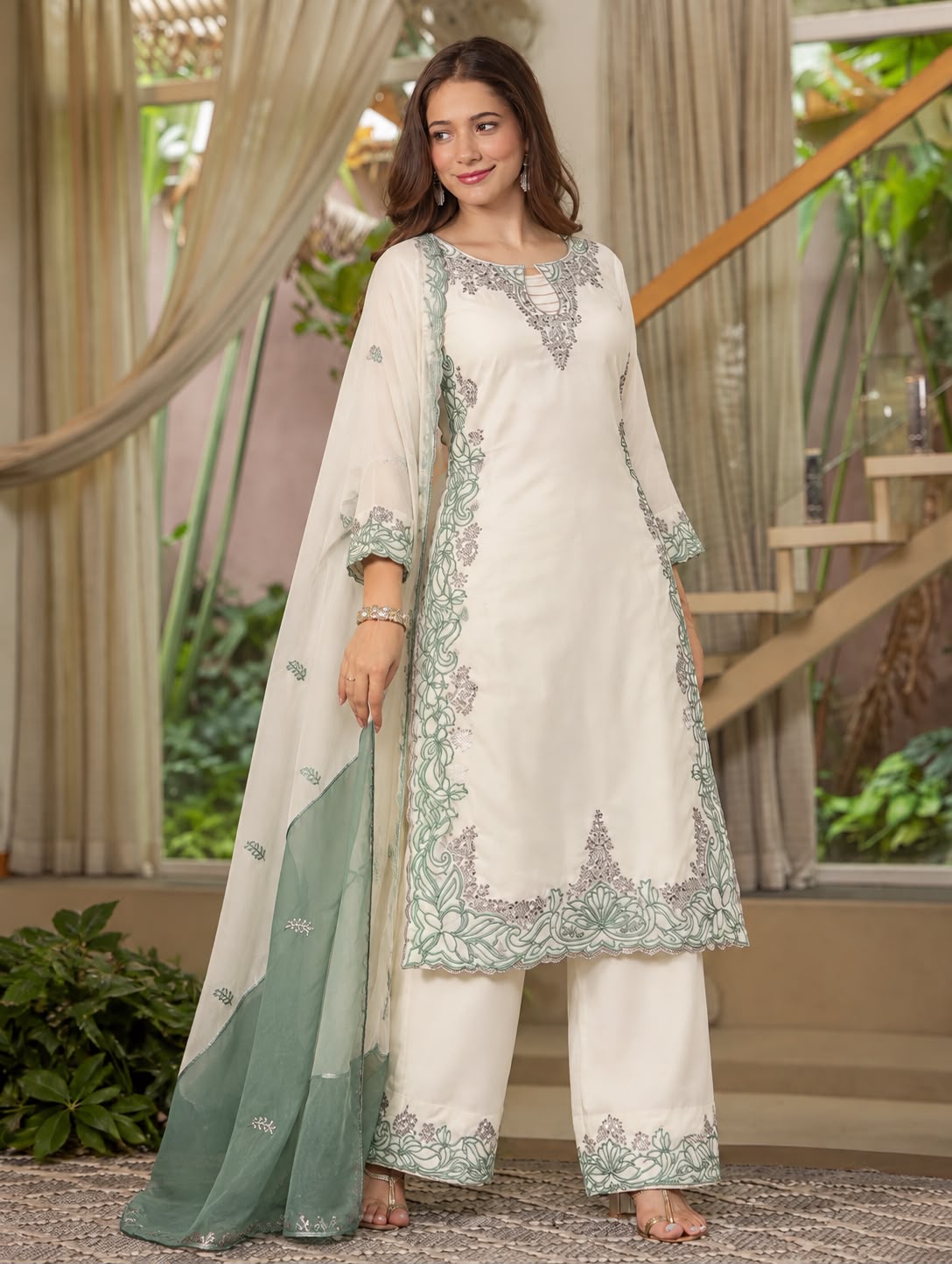 Pakistani Style Satin Silk Embroidered Suit Set with Dupatta - Image 6