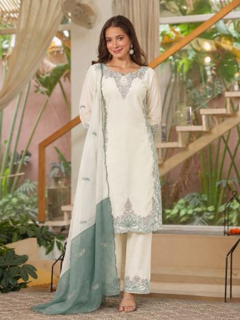 Pakistani Style Satin Silk Embroidered Suit Set with Dupatta