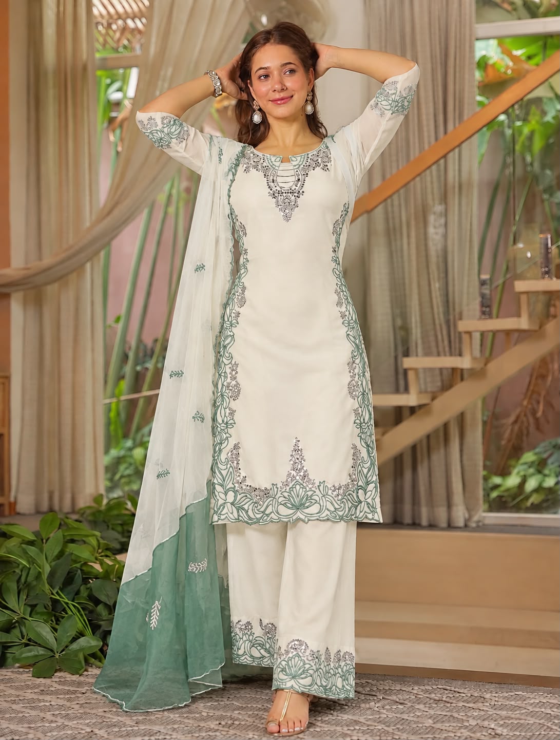 Pakistani Style Satin Silk Embroidered Suit Set with Dupatta - Image 5