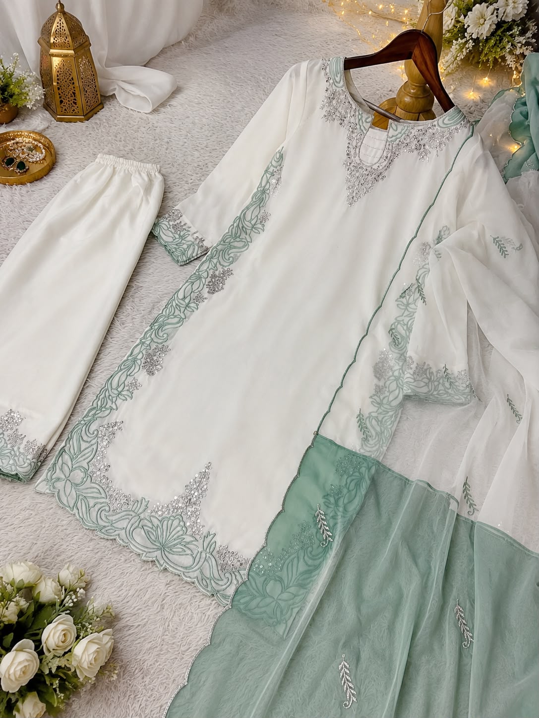 Pakistani Style Satin Silk Embroidered Suit Set with Dupatta - Image 3