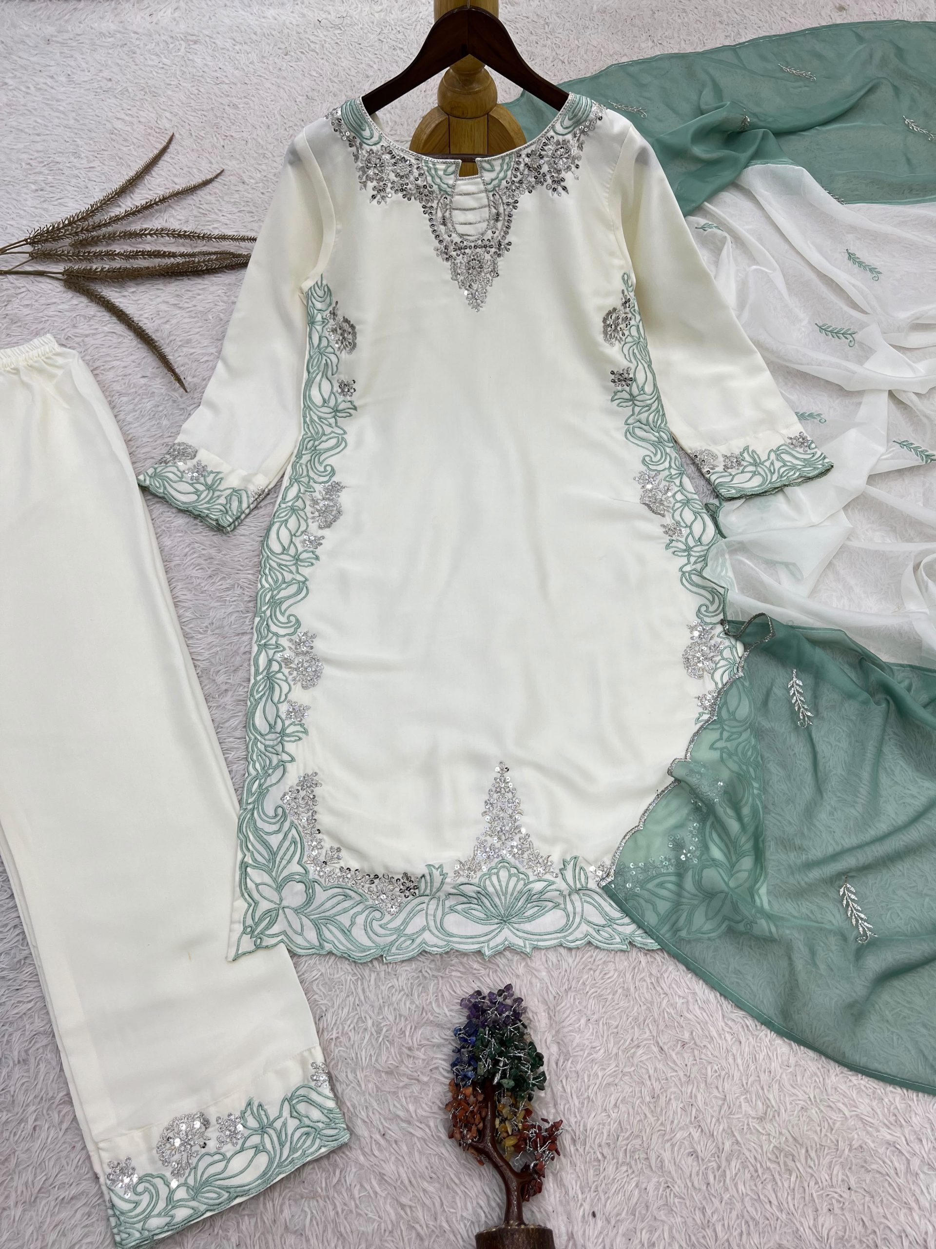 Pakistani Style Satin Silk Embroidered Suit Set with Dupatta - Image 4