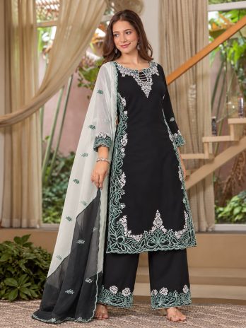 Pakistani Style Satin Silk Embroidered Suit Set with Dupatta