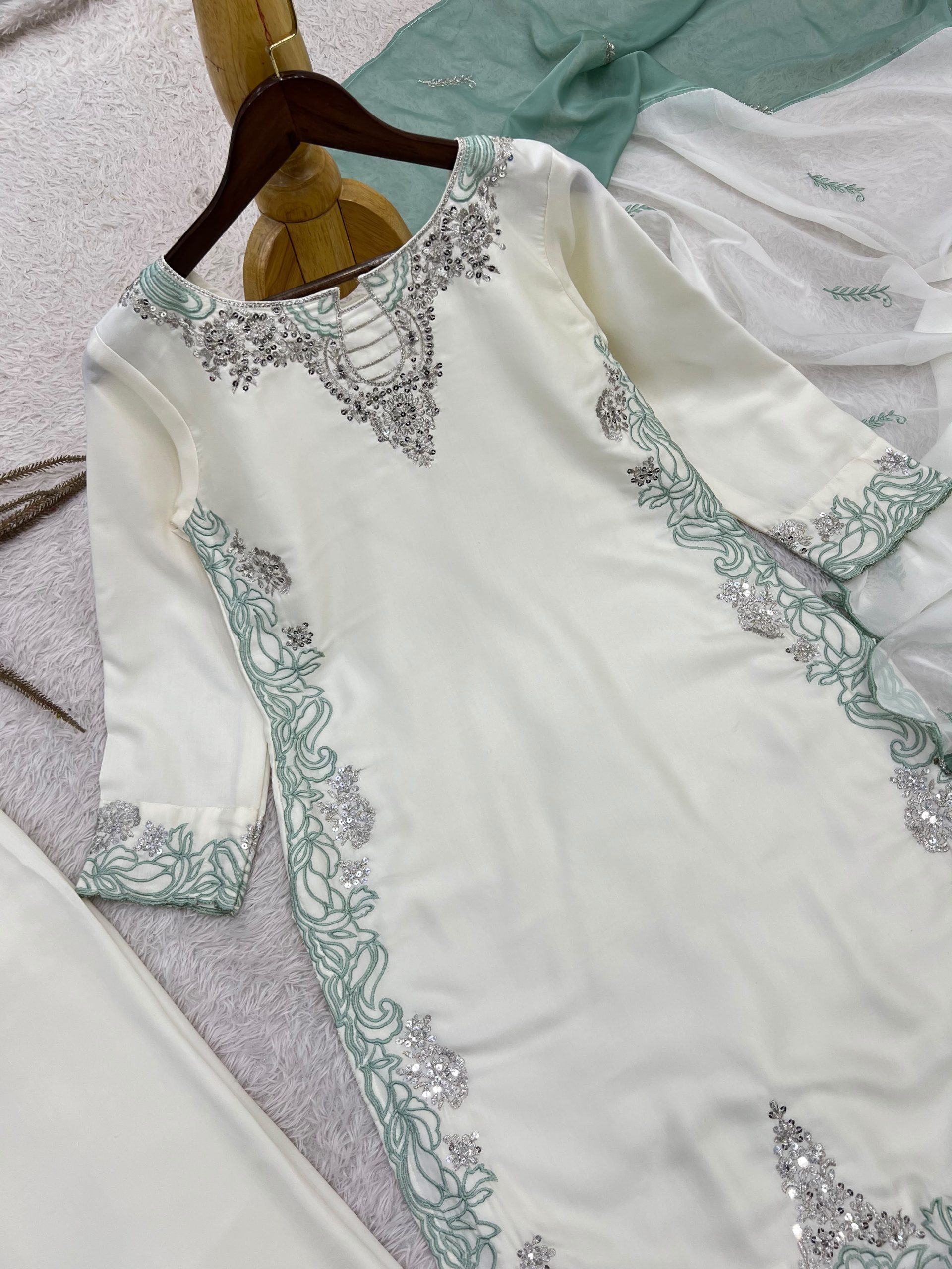 Pakistani Style Satin Silk Embroidered Suit Set with Dupatta - Image 2