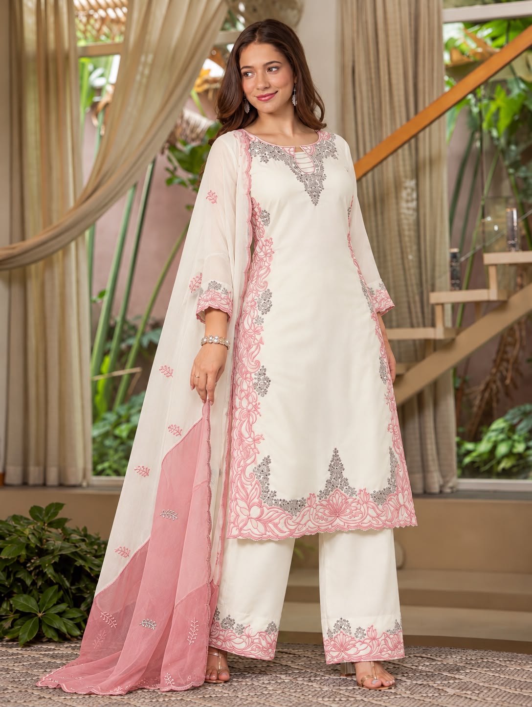 Pakistani Style Satin Silk Embroidered Suit Set with Dupatta