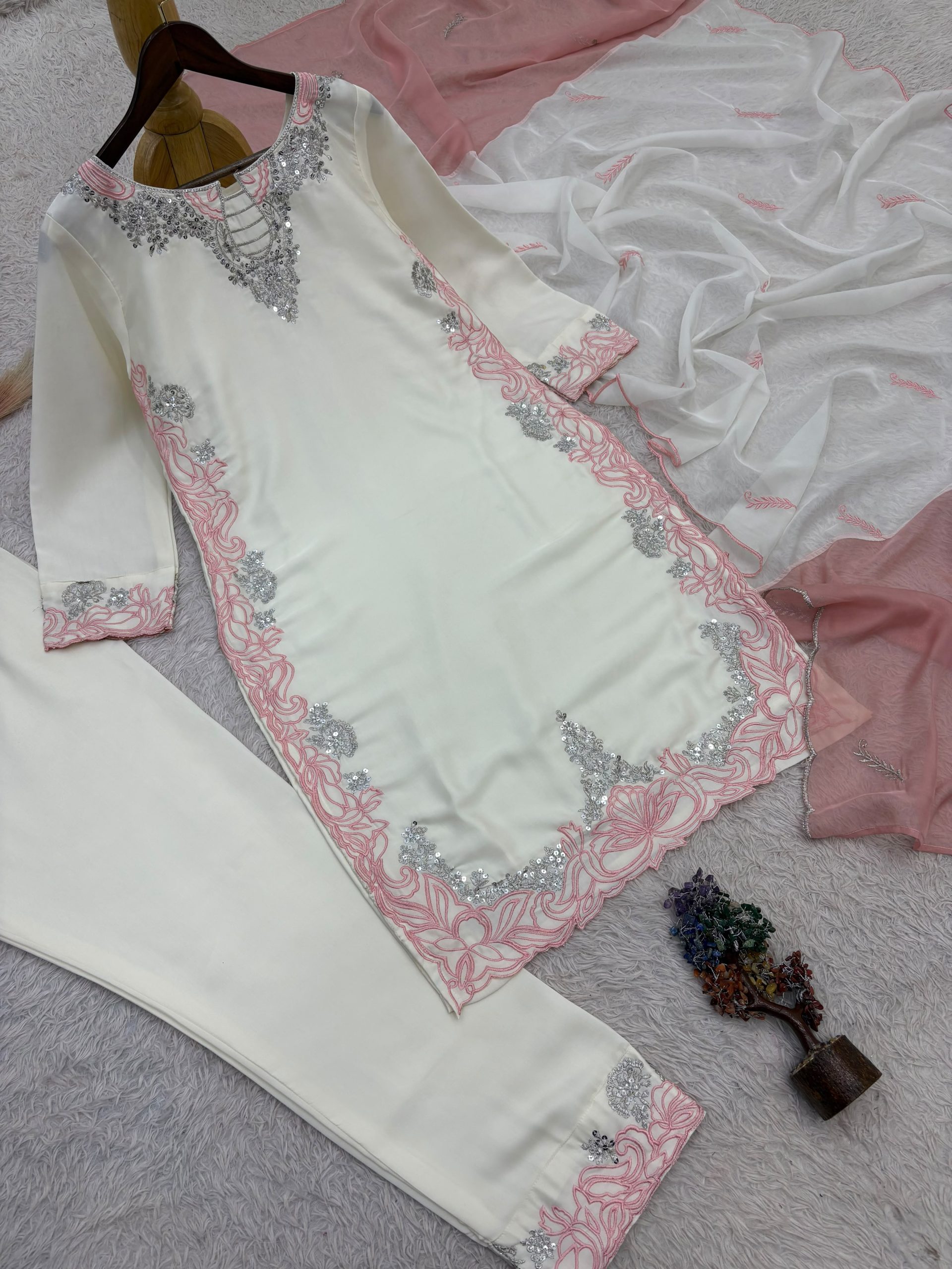 Pakistani Style Satin Silk Embroidered Suit Set with Dupatta - Image 5