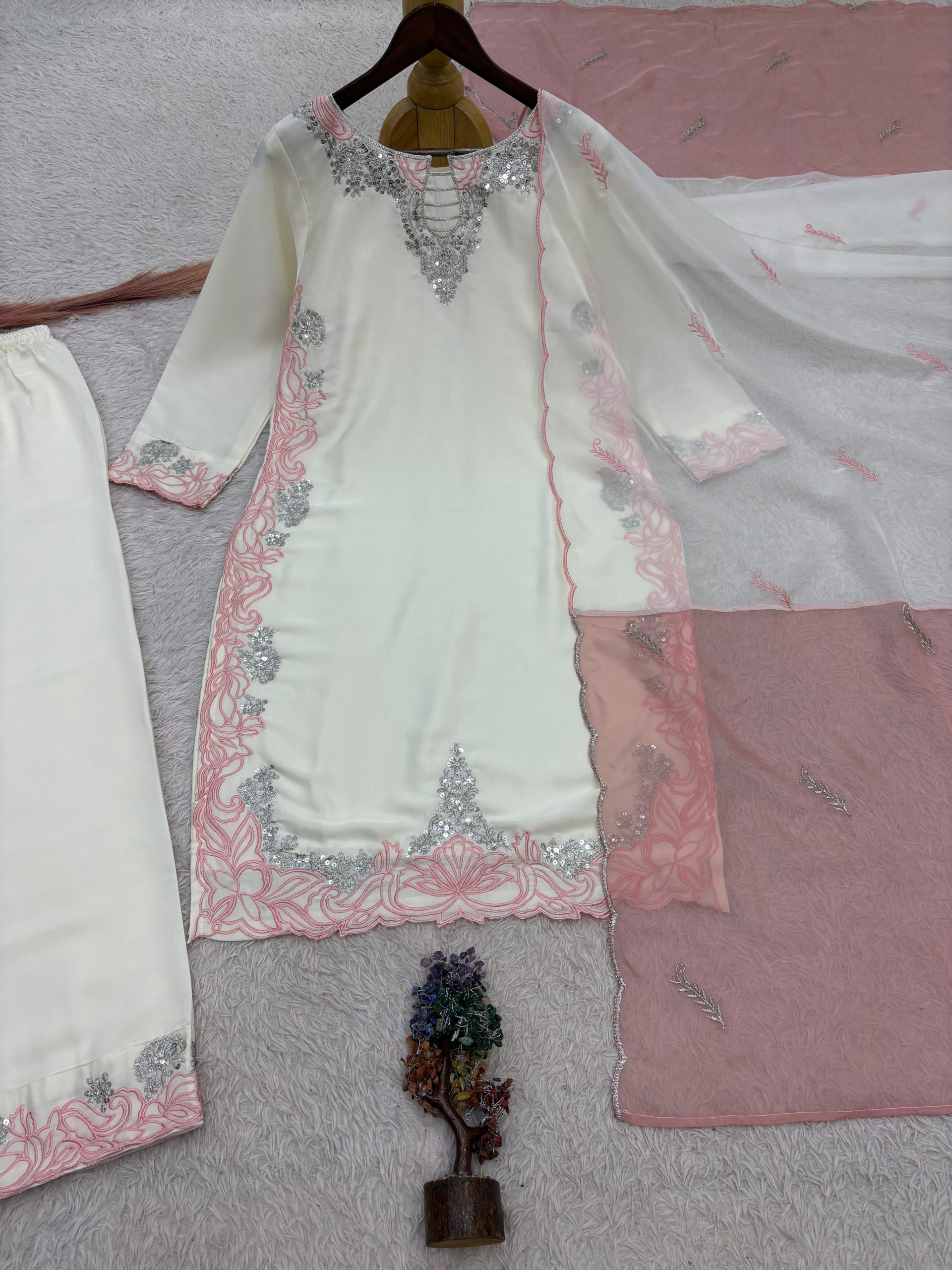 Pakistani Style Satin Silk Embroidered Suit Set with Dupatta - Image 4