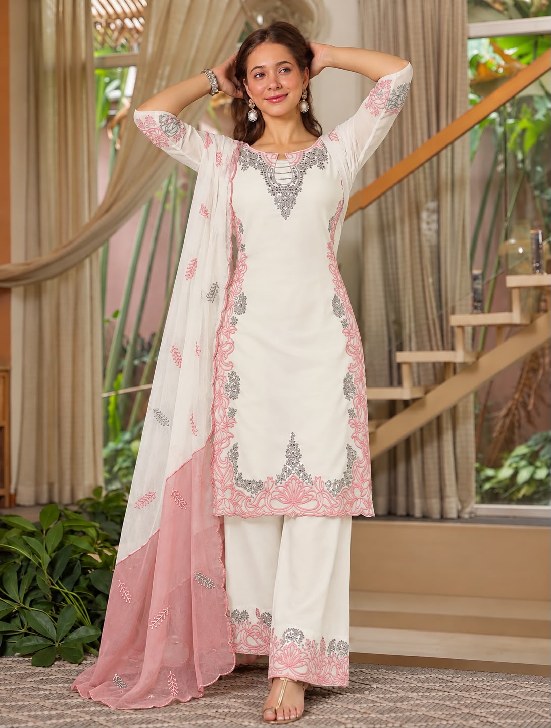 Pakistani Style Satin Silk Embroidered Suit Set with Dupatta - Image 7