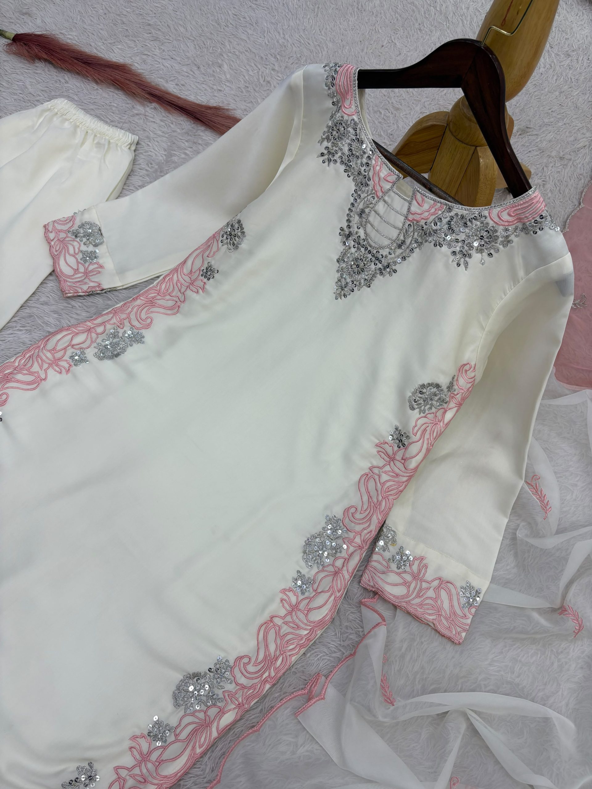 Pakistani Style Satin Silk Embroidered Suit Set with Dupatta - Image 2