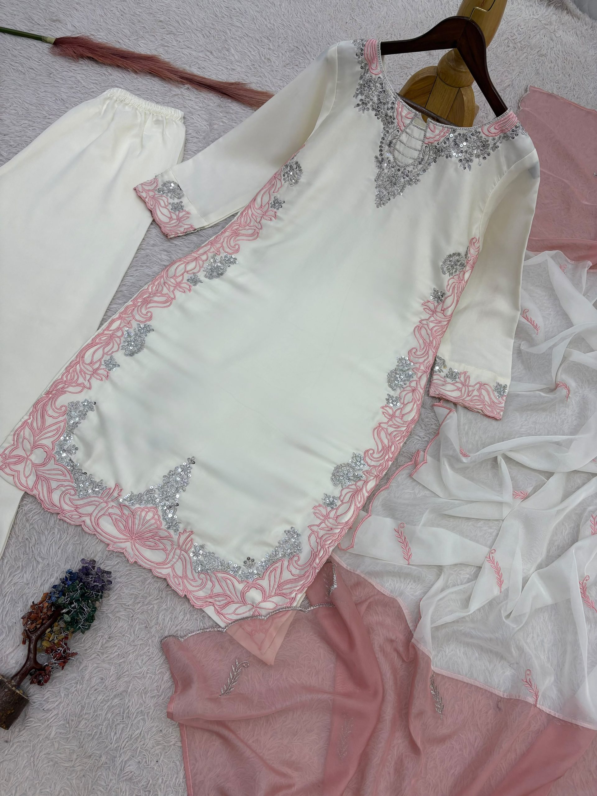 Pakistani Style Satin Silk Embroidered Suit Set with Dupatta - Image 3