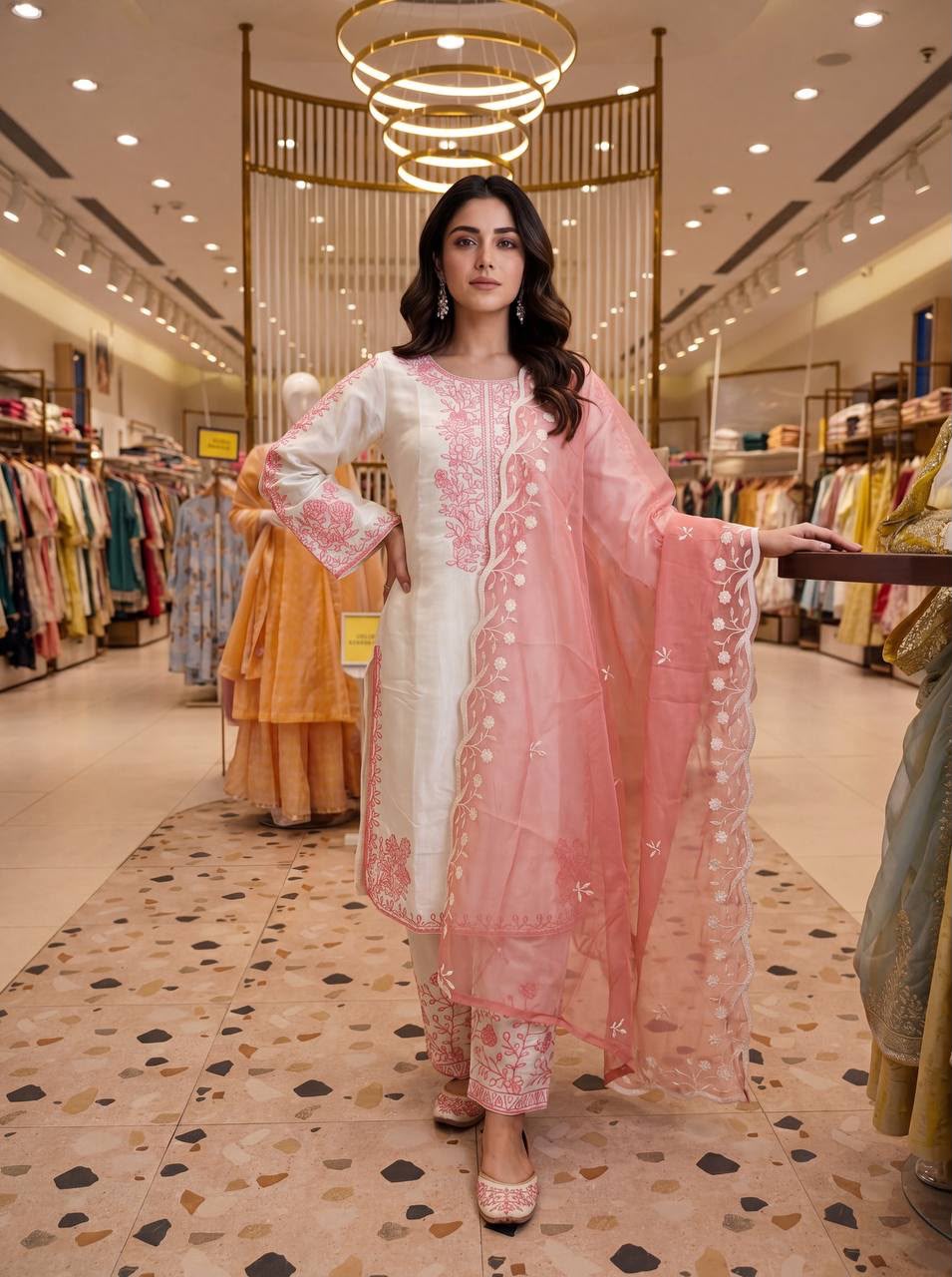 Designer Roman Glass Embroidered Palazzo Suit with Dupatta - Image 2