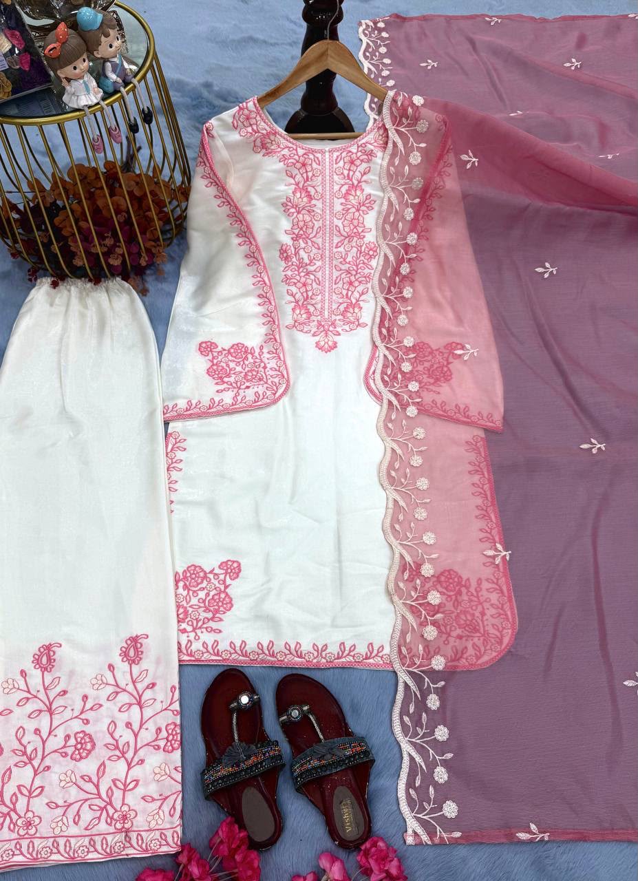 Designer Roman Glass Embroidered Palazzo Suit with Dupatta - Image 6