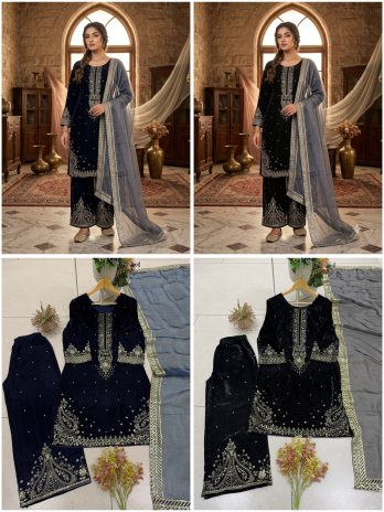 Black Velvet Suit Set for Women with Embroidered Palazzo & Organza Dupatta