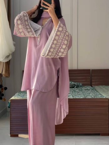 Women’s Pink Satin Farshi Palazzo Suit Set with Embroidered Top & Dupatta