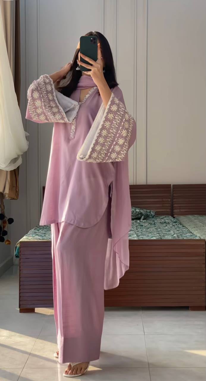Women’s Pink Satin Farshi Palazzo Suit Set with Embroidered Top & Dupatta