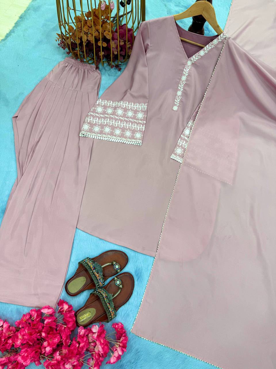 Women’s Pink Satin Farshi Palazzo Suit Set with Embroidered Top & Dupatta - Image 5