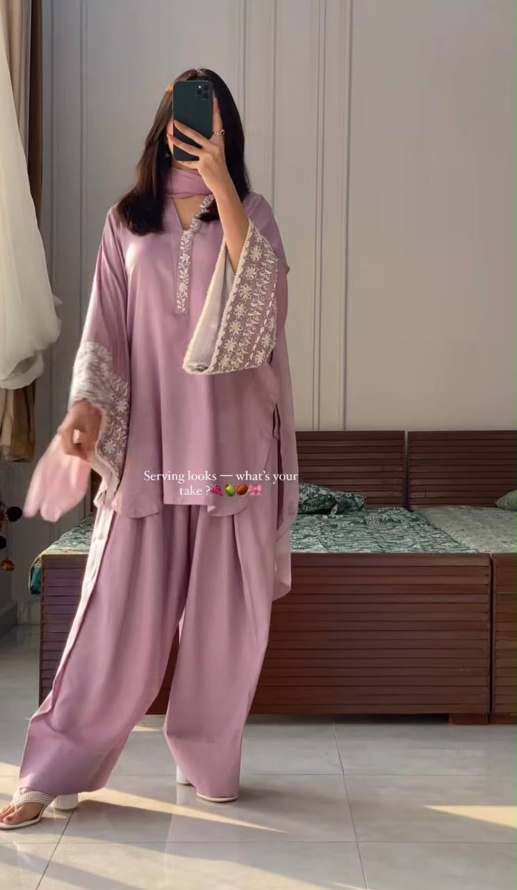 Women’s Pink Satin Farshi Palazzo Suit Set with Embroidered Top & Dupatta - Image 2