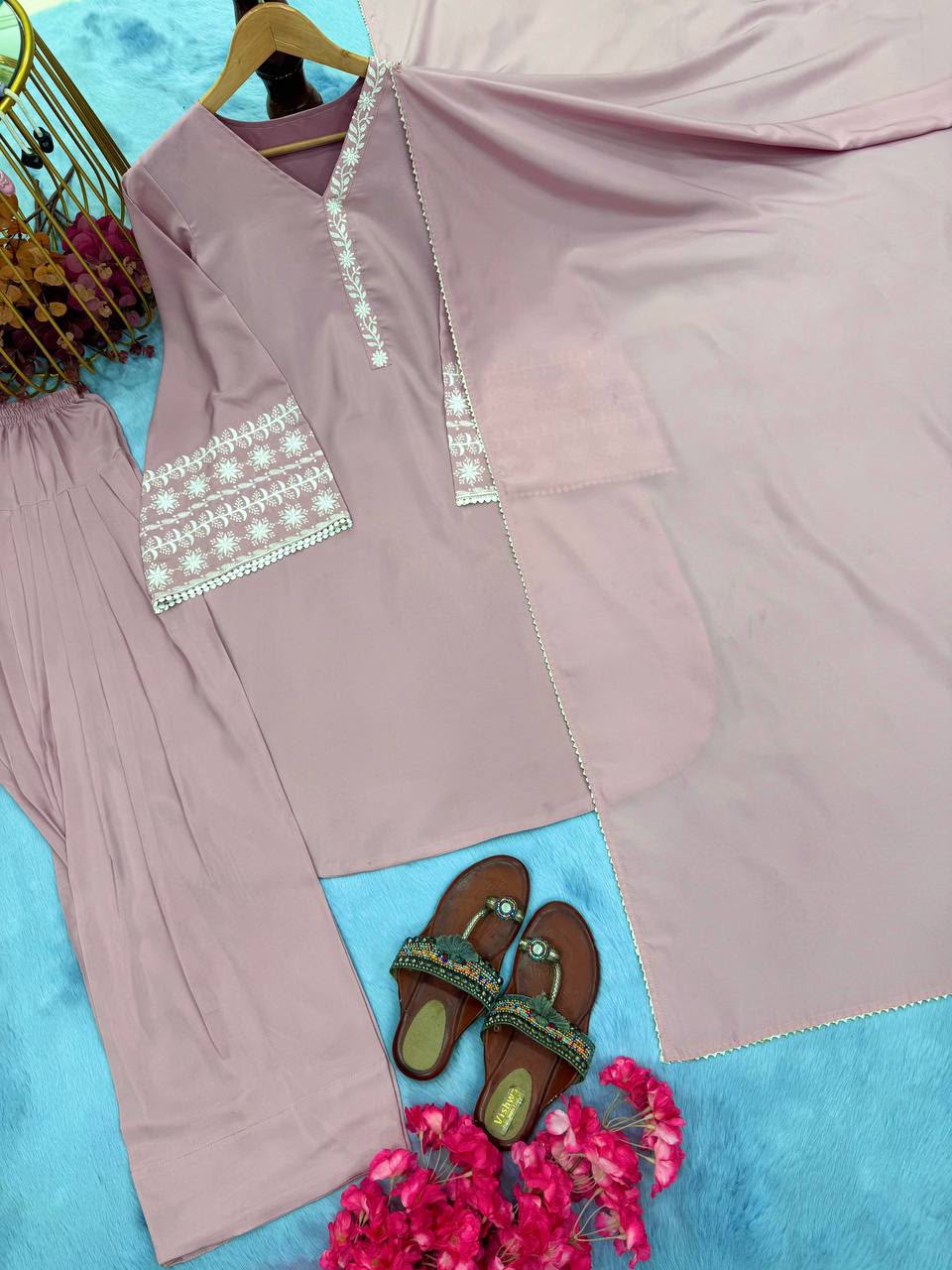 Women’s Pink Satin Farshi Palazzo Suit Set with Embroidered Top & Dupatta - Image 3