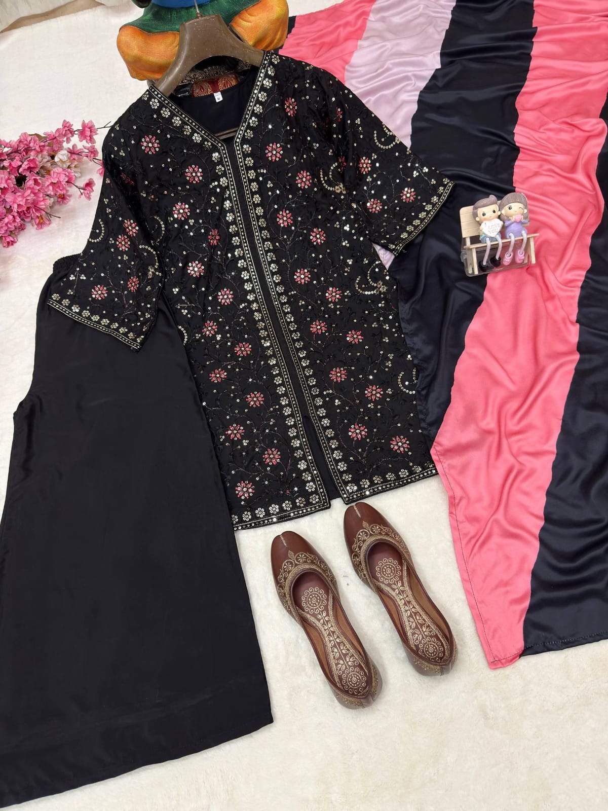 Black Kurti Palazzo Set with Printed Dupatta
