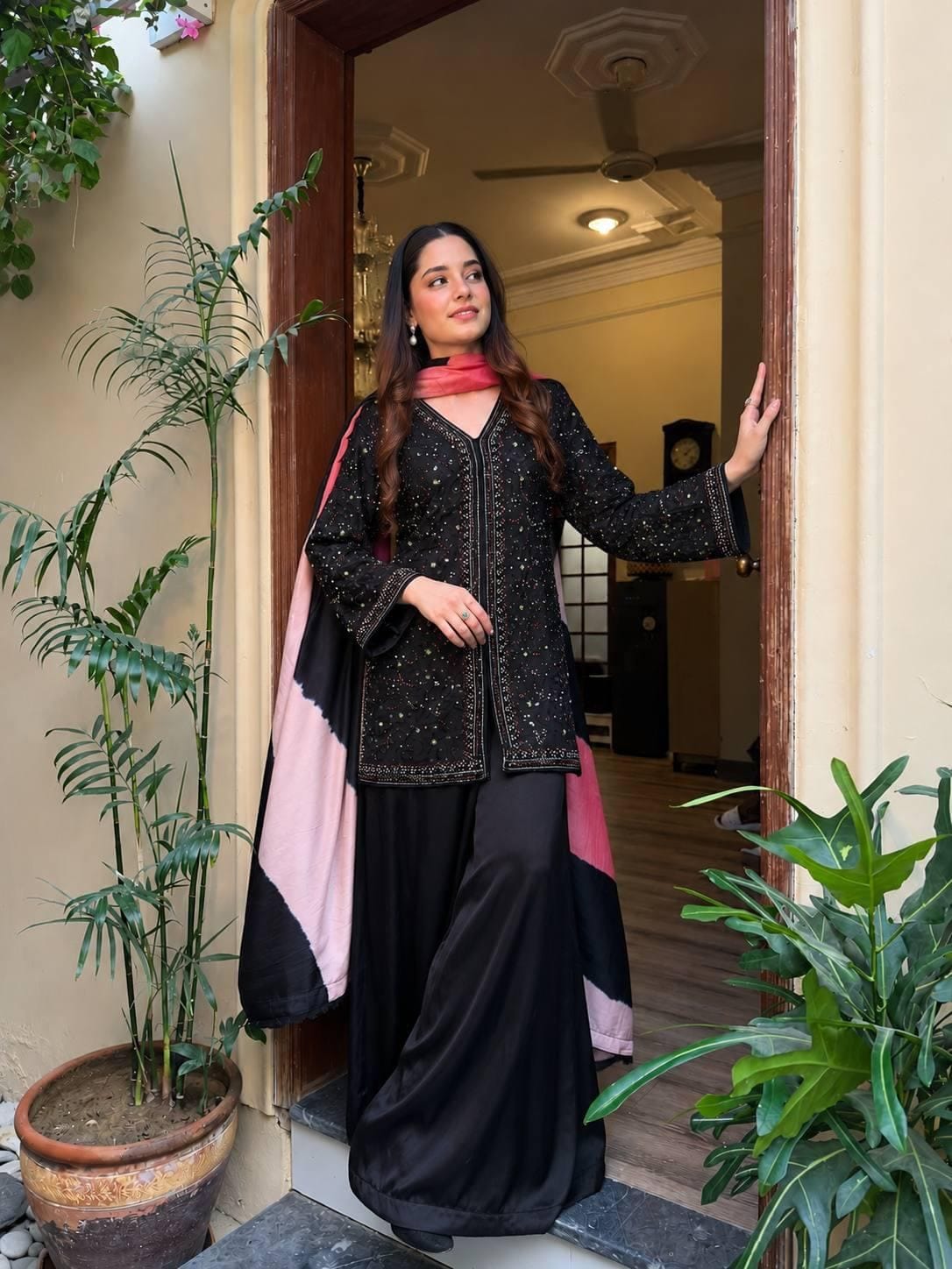 Black Kurti Palazzo Set with Printed Dupatta