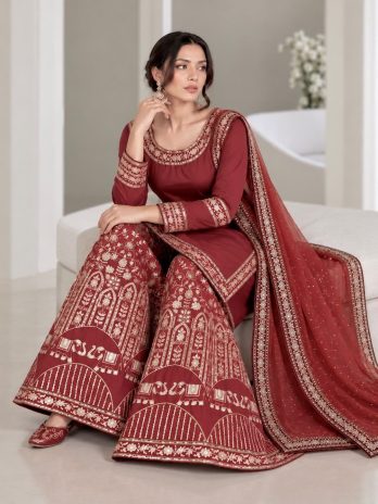 Coffee Brown Embroidered Palazzo Suit